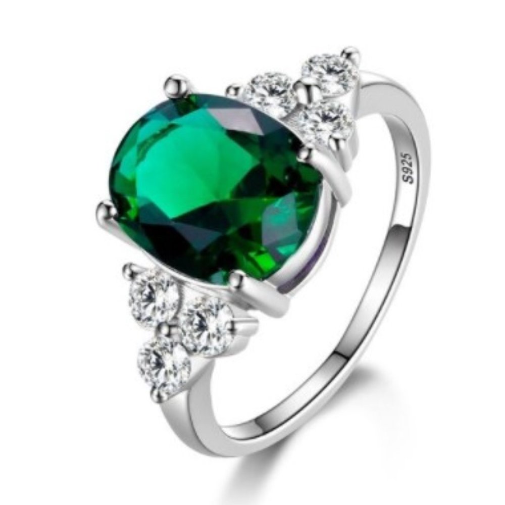 S925 Silver Ring Oval Emerald Zircon Ring